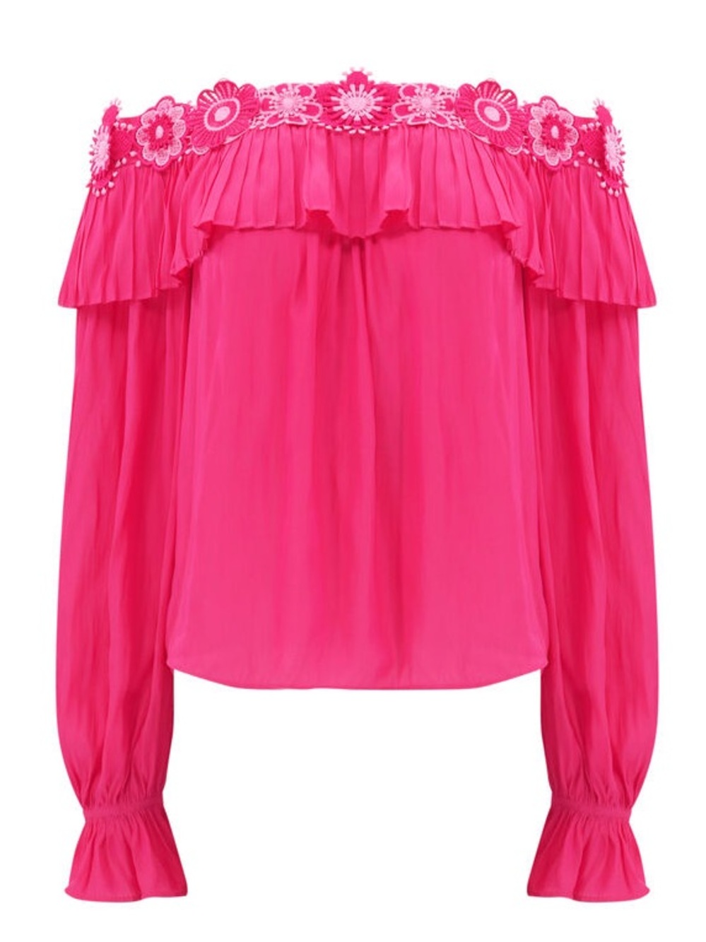 NWT Ramy Brook Hot Pink Off-Shoulder Floral Trim Ruffle Blouse